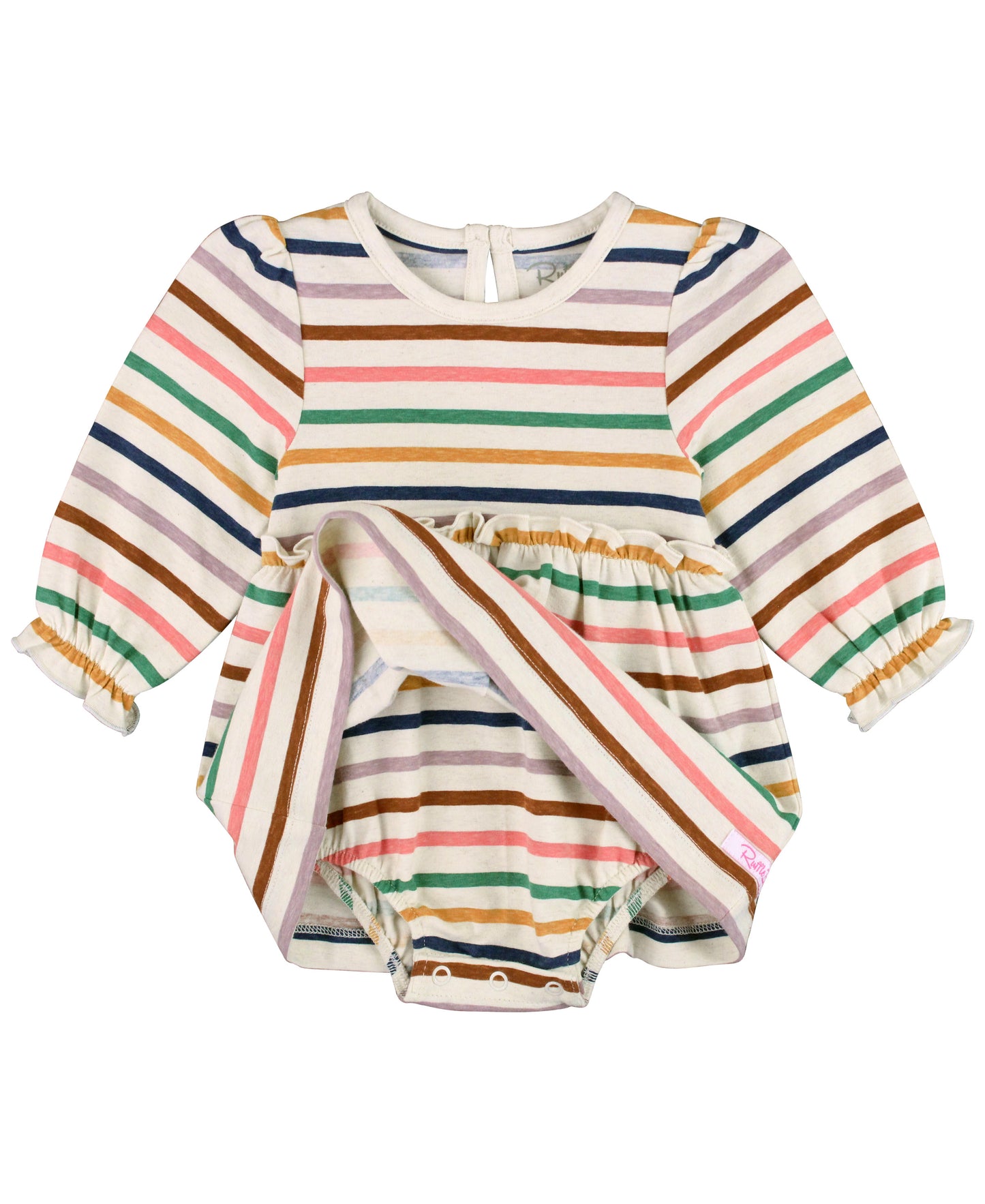 RuffleButts Sunrise Romper Stripe Knit Long Sleeve Skirted Romper
