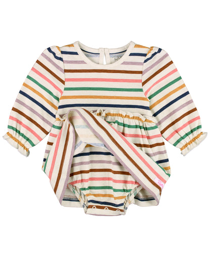 RuffleButts Sunrise Romper Stripe Knit Long Sleeve Skirted Romper