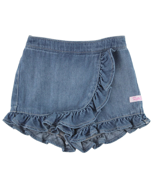 RuffleButts Light Wash Denim Ruffled Skort