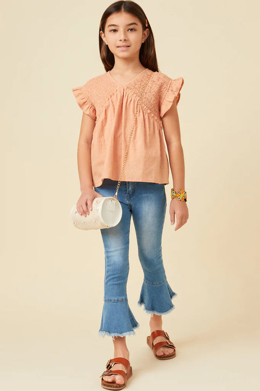 Hayden Salmon Swiss Dot Smocked Bodice Ruffle Top GY5669 *