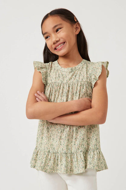 Hayden Sage Textured Floral Knit Ruffle Detail Top GY5935