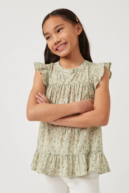 Hayden Sage Textured Floral Knit Ruffle Detail Top GY5935
