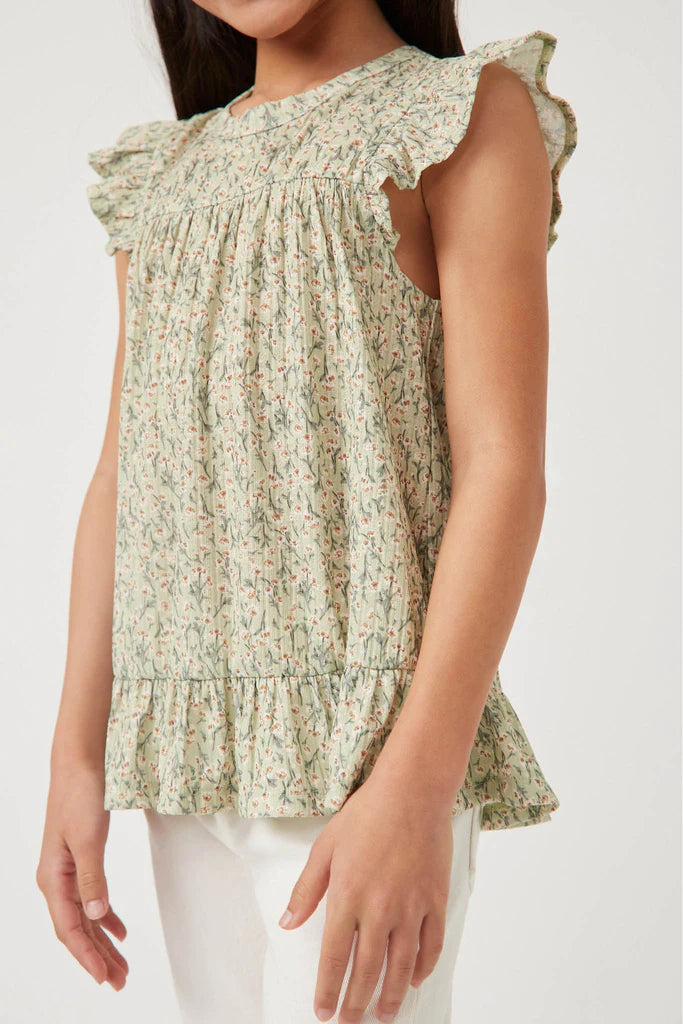 Hayden Sage Textured Floral Knit Ruffle Detail Top GY5935