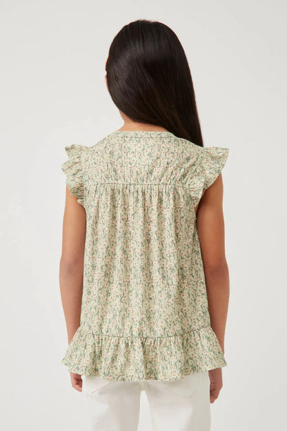 Hayden Sage Textured Floral Knit Ruffle Detail Top GY5935