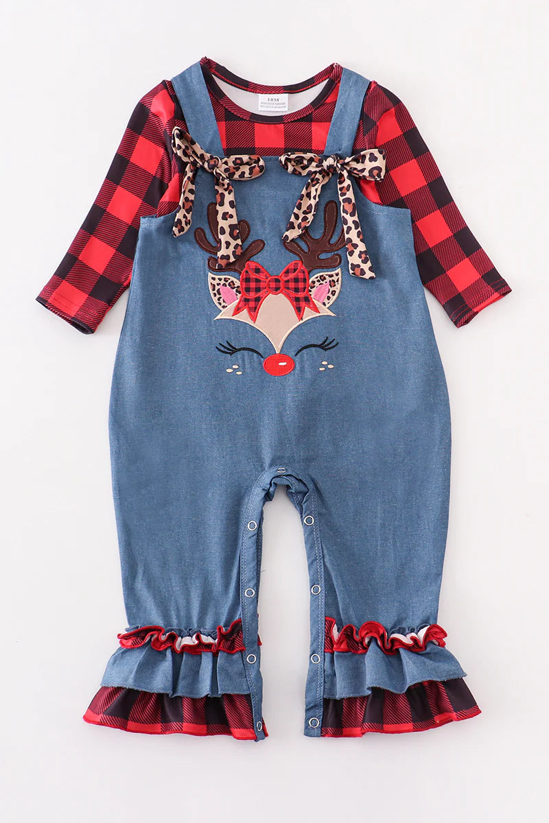 Plaid + Denim Reindeer Overall Jumper