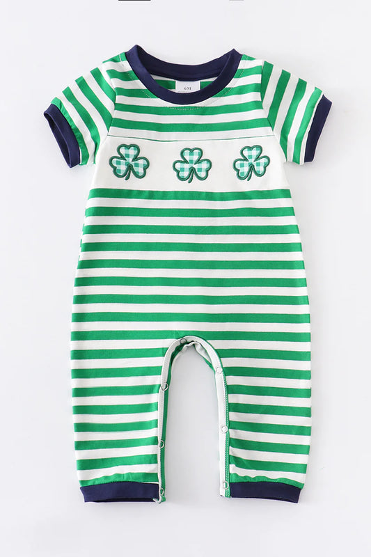Green Striped Clover Embroidery Smocked Boy Romper