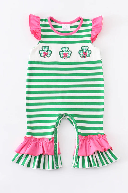 Green Stripe Clover Embroidered Smocked Girl Romper