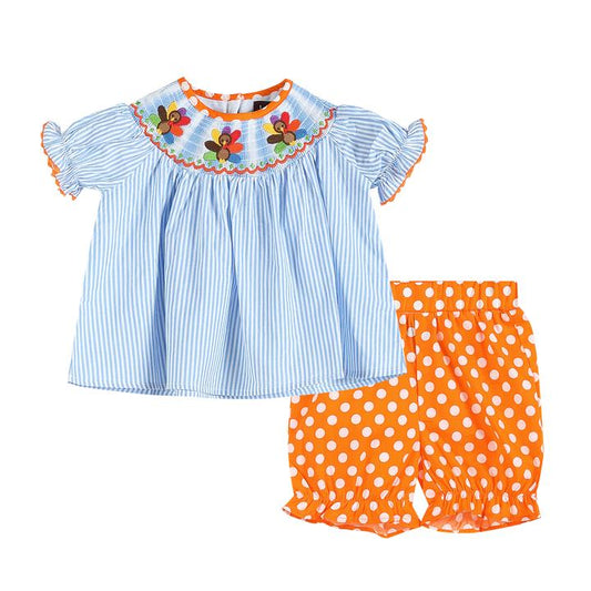 LC Blue Stripe Turkey Smocked Top & Orange Bloomers