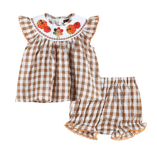 LC Brown Gingham Turkey Smocked Top & Bloomers
