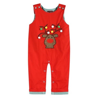 LC Christmas Plaid Reindeer Pompom Overalls