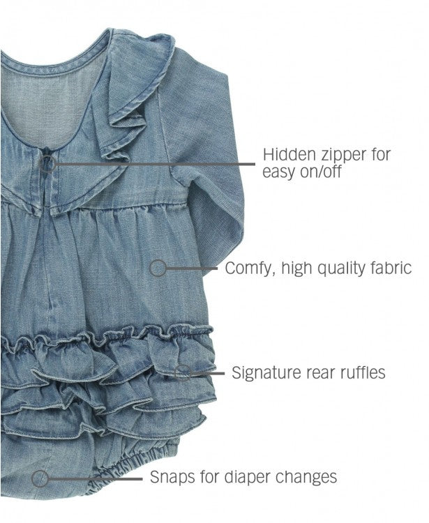 Ruffle Butts Light Wash Denim V-Back Bubble Romper