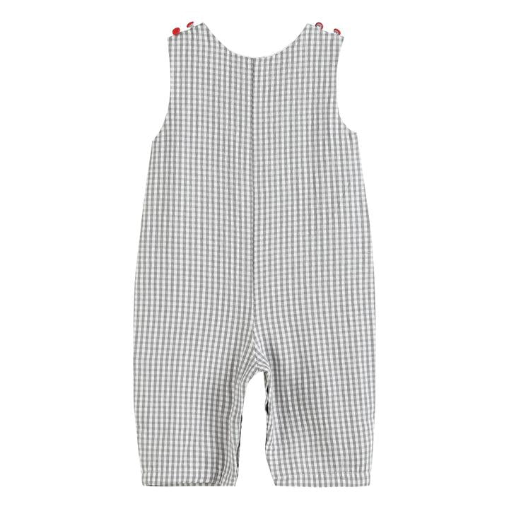 LC Gray Gingham Reindeer Applique Christmas Overalls