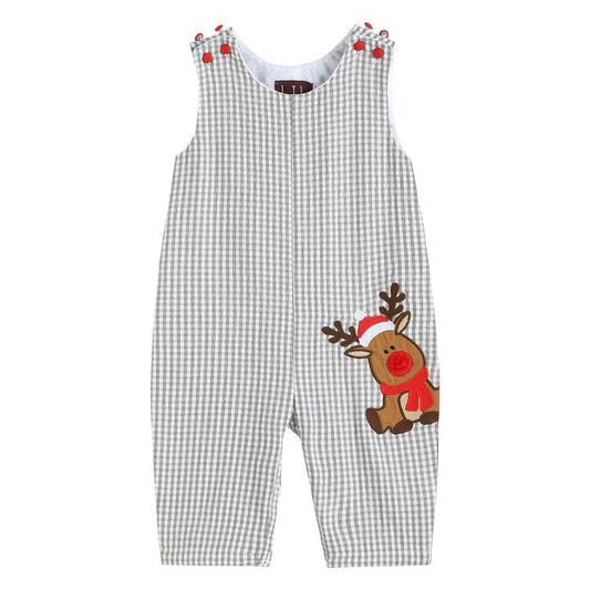 LC Gray Gingham Reindeer Applique Christmas Overalls
