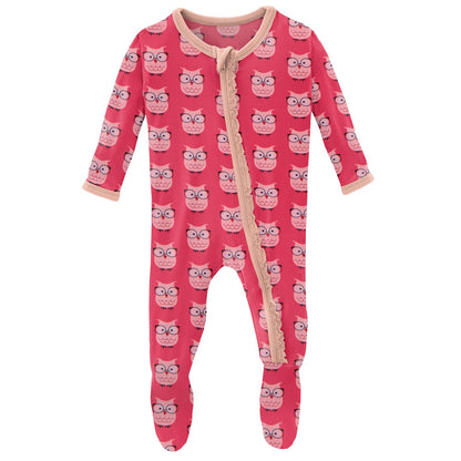 Kickee Pants Taffy Wise Owls Print Muffin Ruffle Footie with Zipper