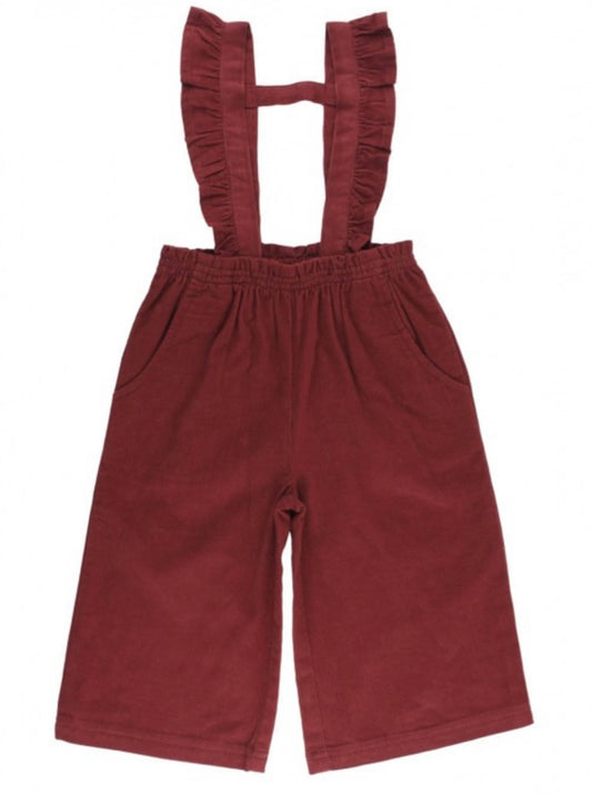 RuffleButts Rosewood Corduroy Ruffle Strap Pant