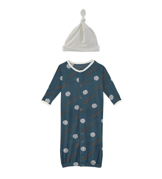 Kickee Pants Deep Sea Baseball Print Layette Gown Converter & Single Knot Hat Set