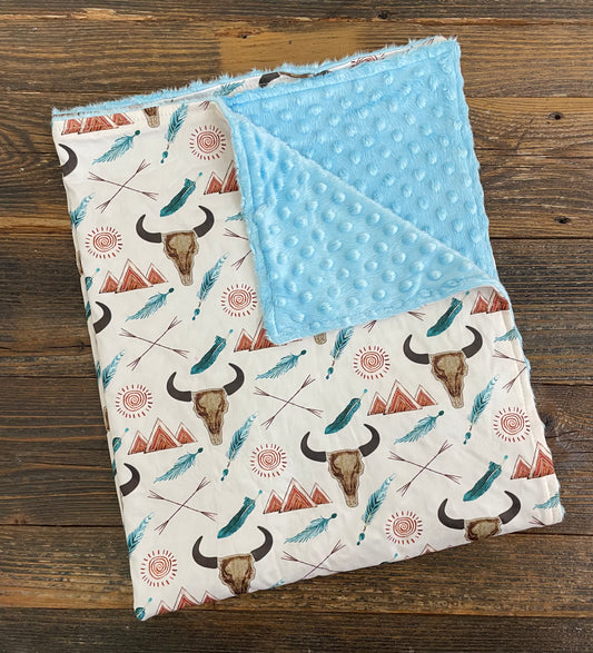 Sky Blue & Cream Skull / Mountain Minky Blanket