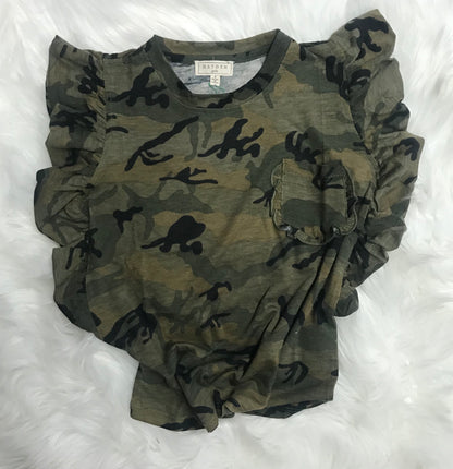 Hayden Camo Ruffle Sleeve Top 5570