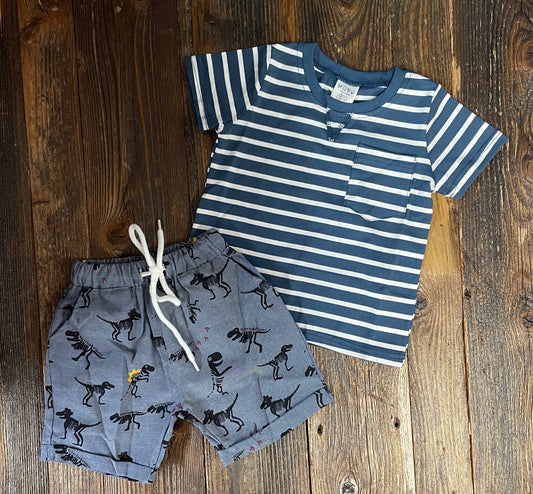 Navy Striped Dino Short Set
