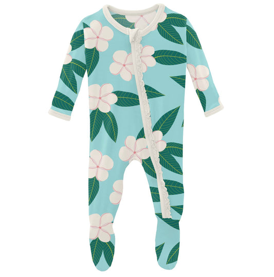 Kickee Pants Summer Sky Plumeria Muffin Ruffle Footie with Zipper