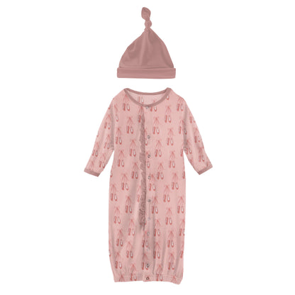 Kickee Pants Baby Rose Ballet Print Ruffle Layette Gown Converter & Single Knot Hat Set