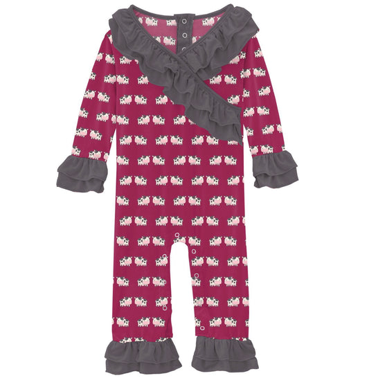 Kickee Pants Berry Cow Long Sleeve Kimono Double Ruffle Romper
