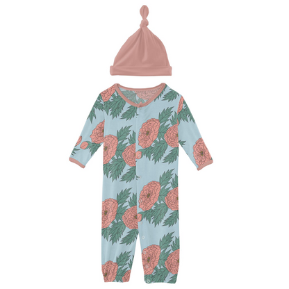 Kickee Pants Spring Sky Floral Layette Gown Converter & Single Knot Hat Set