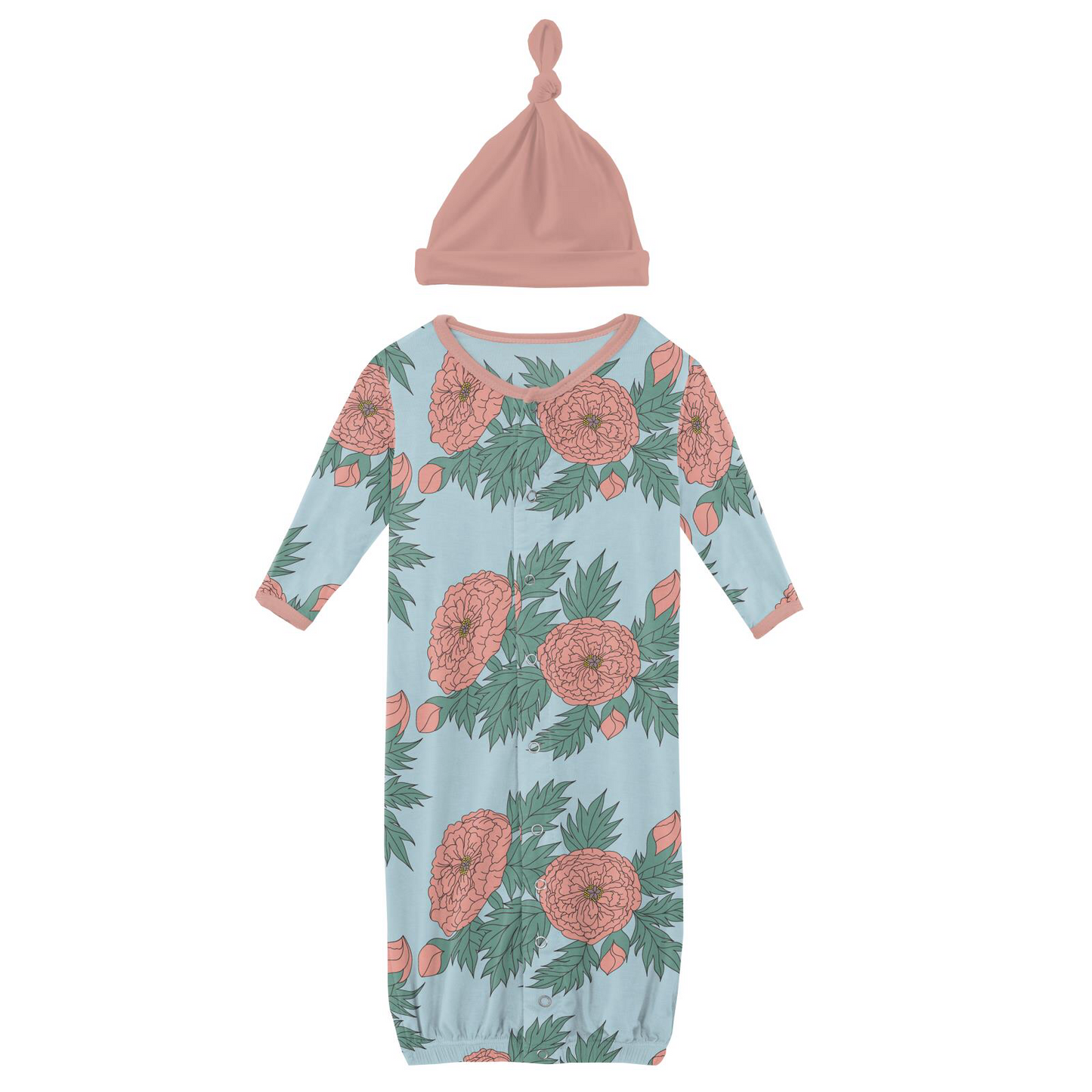 Kickee Pants Spring Sky Floral Layette Gown Converter & Single Knot Hat Set