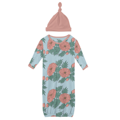 Kickee Pants Spring Sky Floral Layette Gown Converter & Single Knot Hat Set