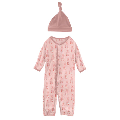 Kickee Pants Baby Rose Ballet Print Ruffle Layette Gown Converter & Single Knot Hat Set