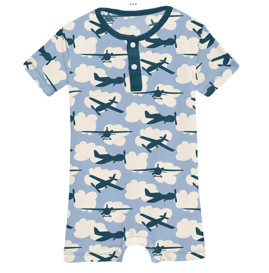 Kickee Pants Pond Airplanes Short Sleeve Henley Romper