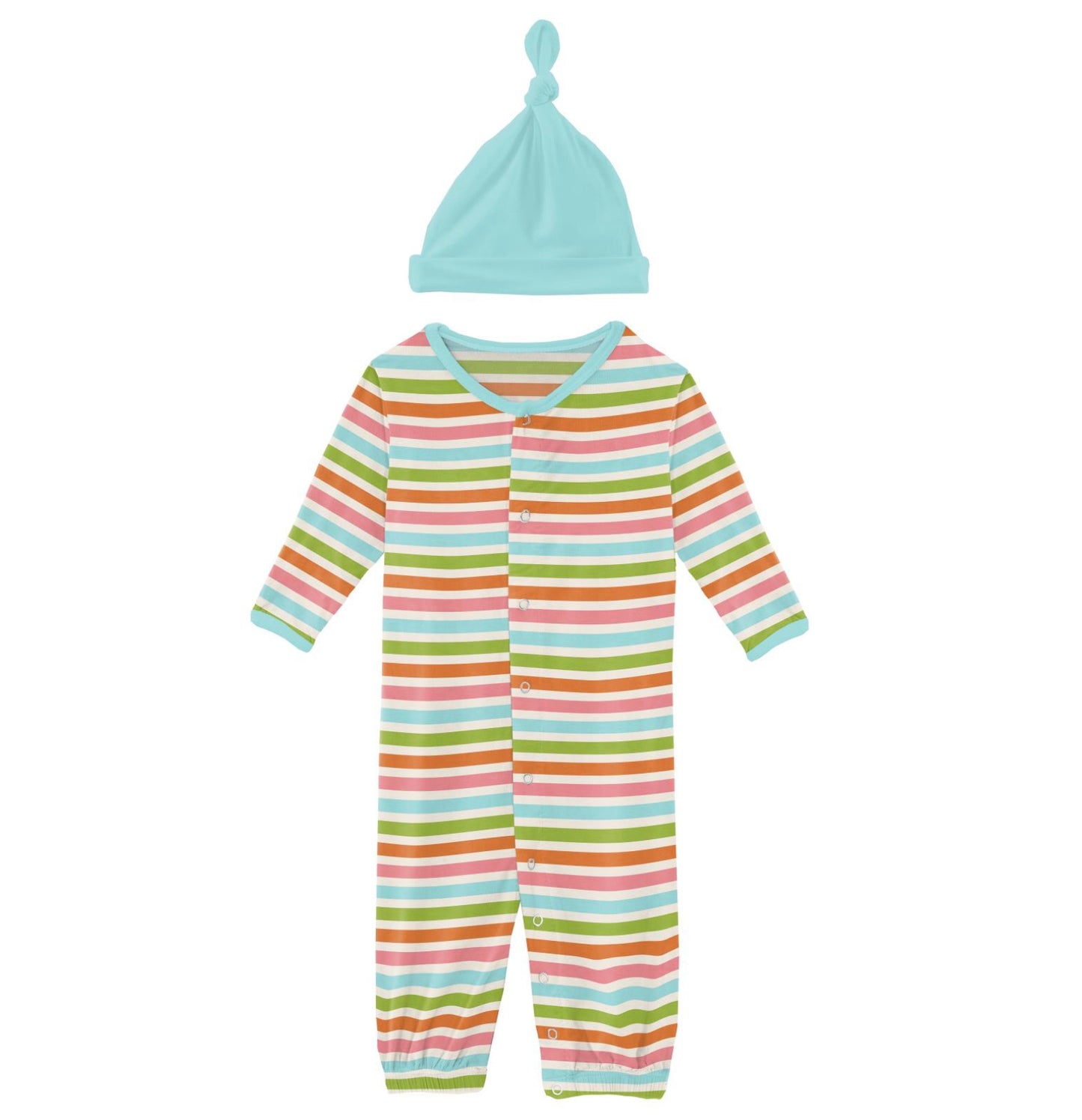 Kickee Pants Beach Day Stripe Layette Gown Converter & Single Knot Hat Set
