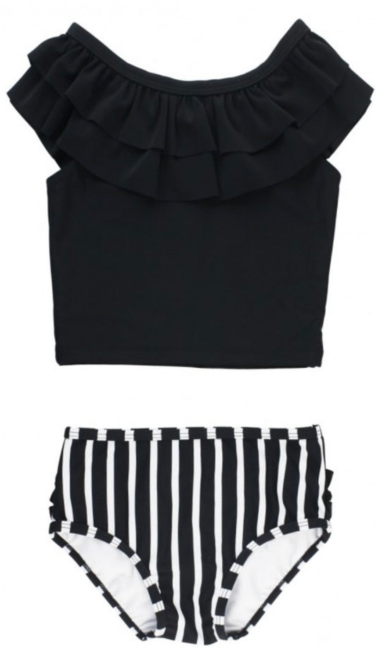 RuffleButts Black&White Striped Ruffled Tankini