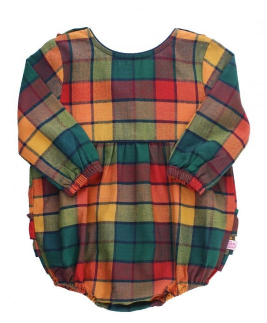 RuffleButts Autumn Rainbow Plaid V-Back Bubble Romper