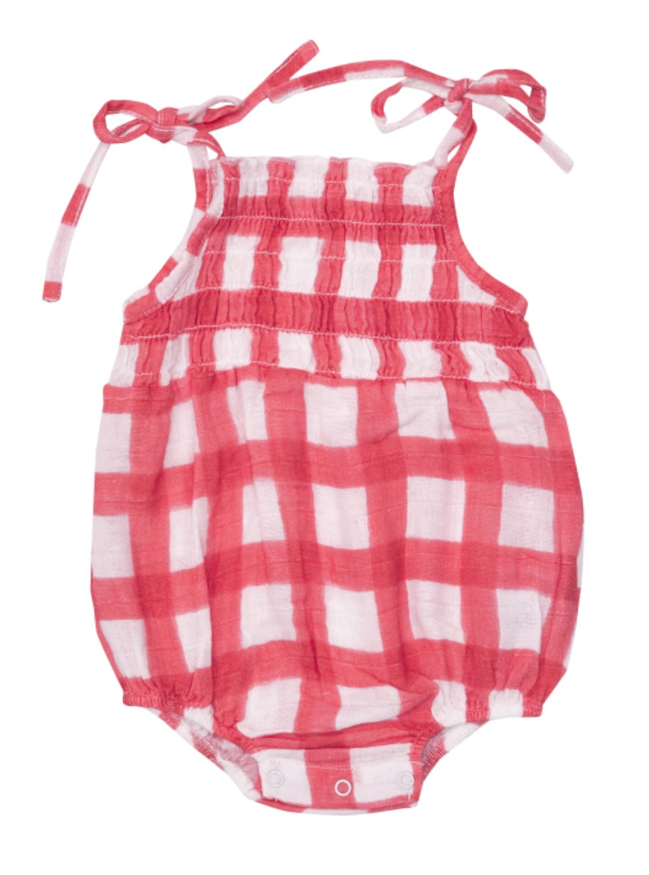 Angel Dear Painted Gingham Red Tie Strap Smocked Bubble