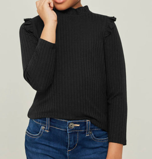 Hayden Ribbed Ruffle Mock Neck LS Top  G6452