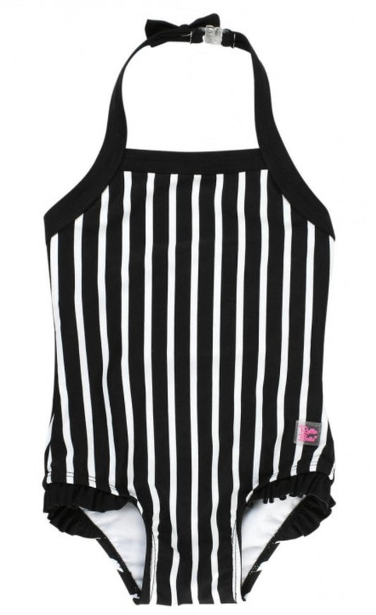 RuffleButts Black&White Stripe Halter One Piece