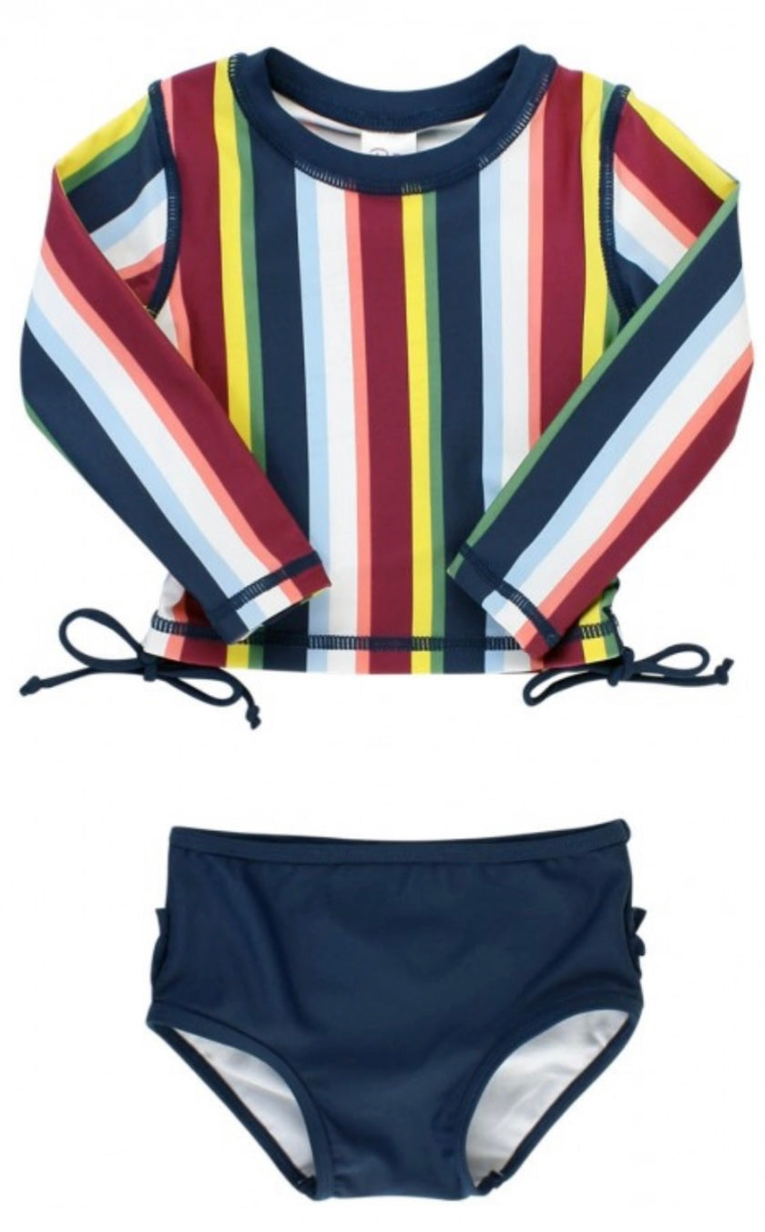 RuffleButt Sunset Stripe Cropped Long Sleeve Rash Guard Bikini