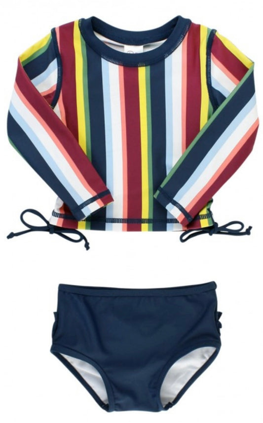 RuffleButt Sunset Stripe Cropped Long Sleeve Rash Guard Bikini