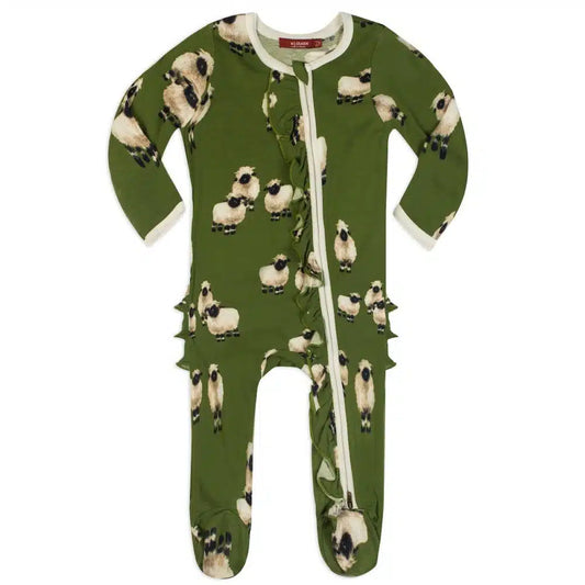 Milkbarn Valais Sheep Bamboo Ruffle Footed Romper