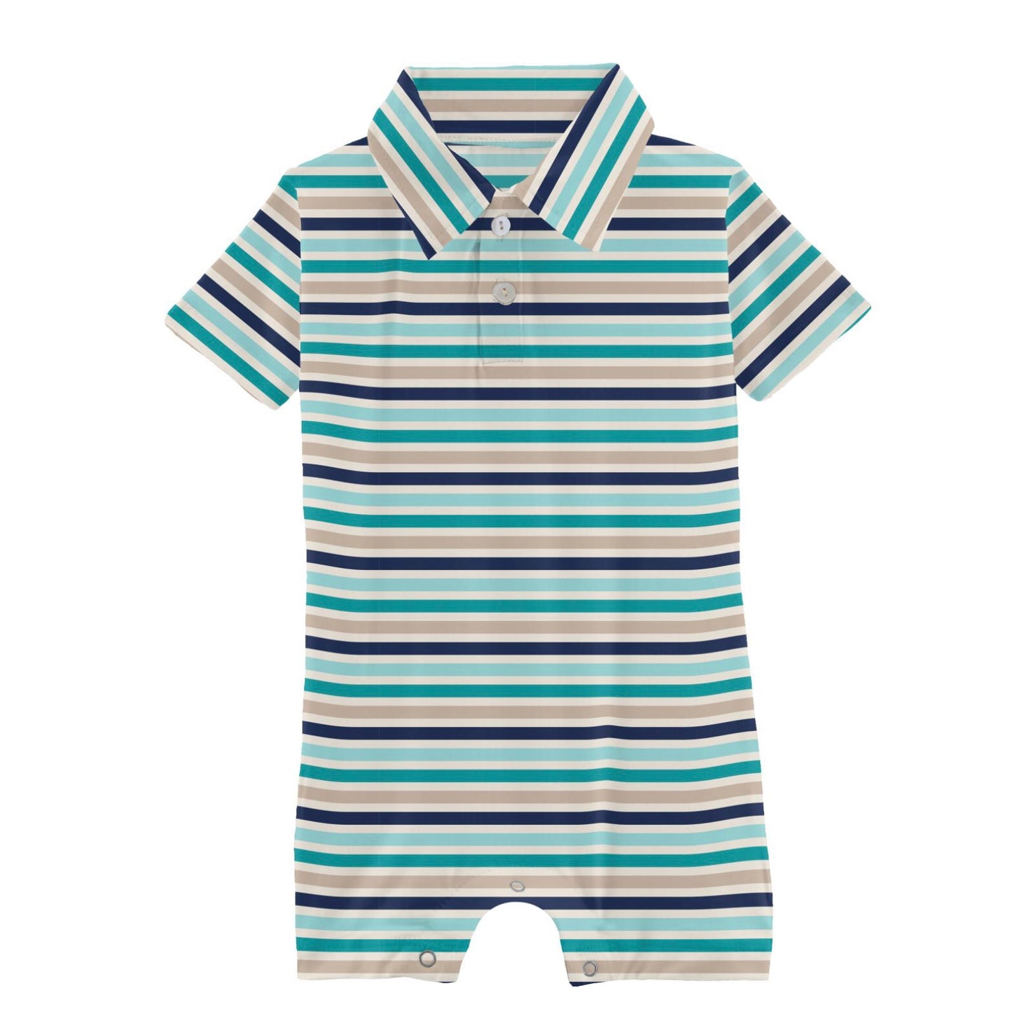 Kickee Pants Sand and Sea Stripe Short Sleeve Polo Romper
