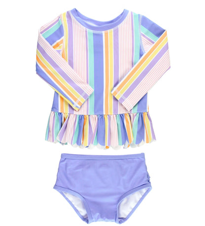 RuffleButts Rainbow Lane Stripe Scalloped Long Sleeve Rash Guard 2-Piece Set