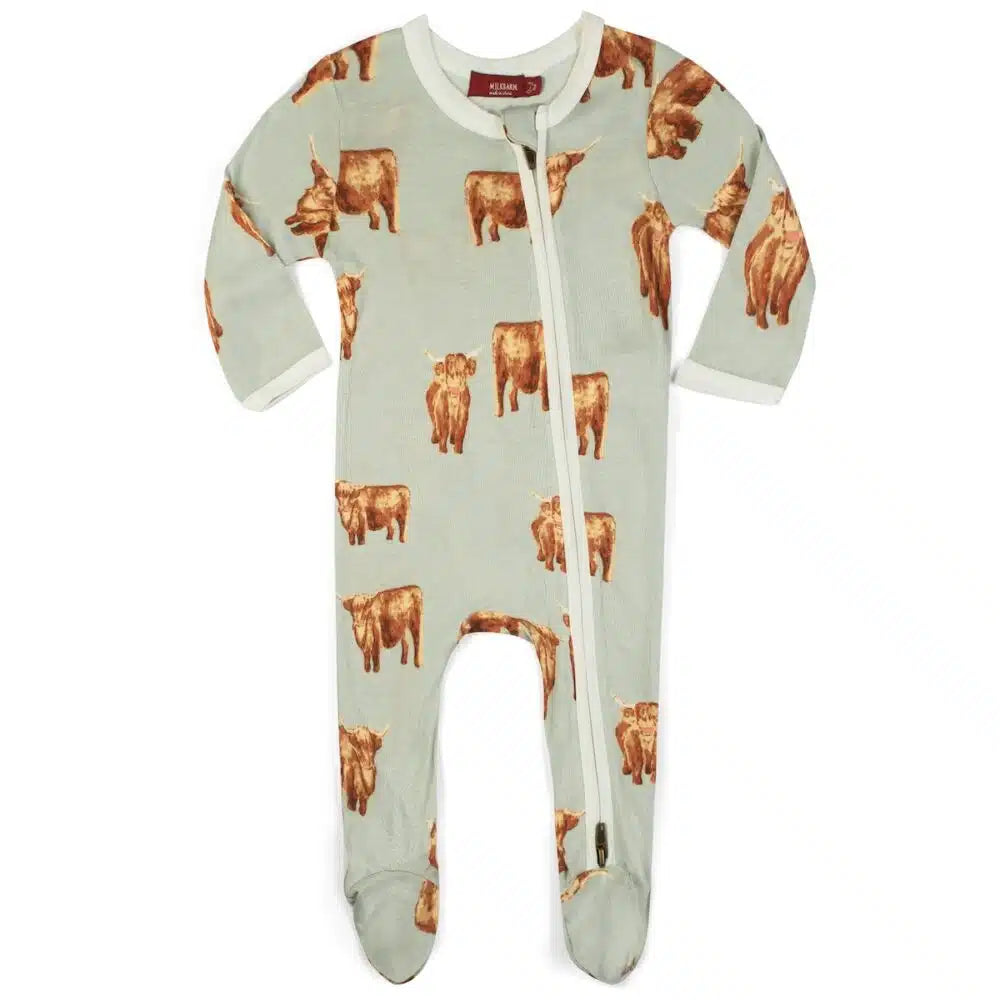Milkbarn Highland Cow Bamboo Zipper Footed Romper