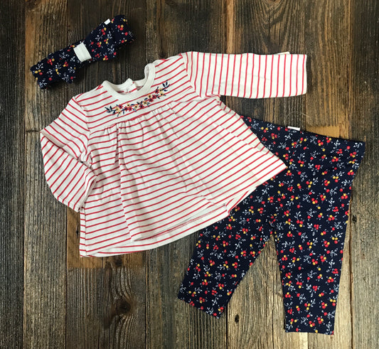 Little Me Red Striped/Navy Floral Set