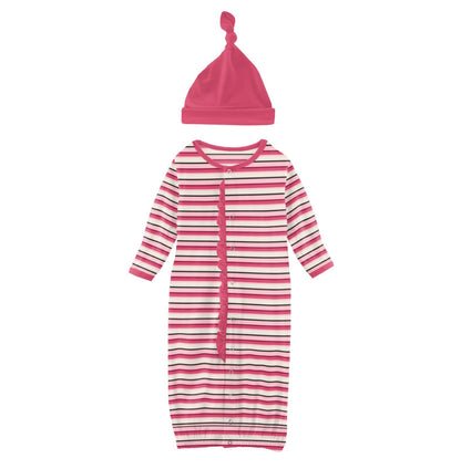Kickee Pants Winter Rose Stripe Ruffle Layette Gown Converter & Single Knot Hat Set