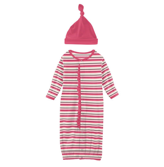 Kickee Pants Winter Rose Stripe Ruffle Layette Gown Converter & Single Knot Hat Set