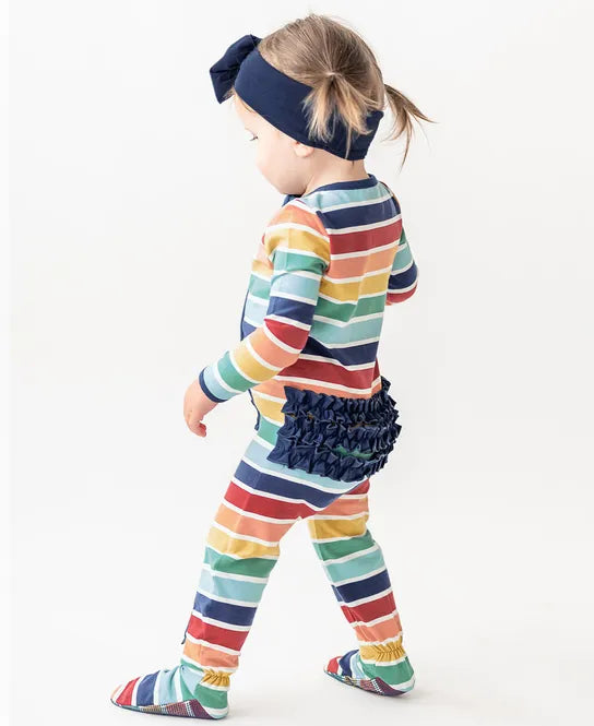 RuffleButts Cozy Rainbow Ruffled Footed Pajamas