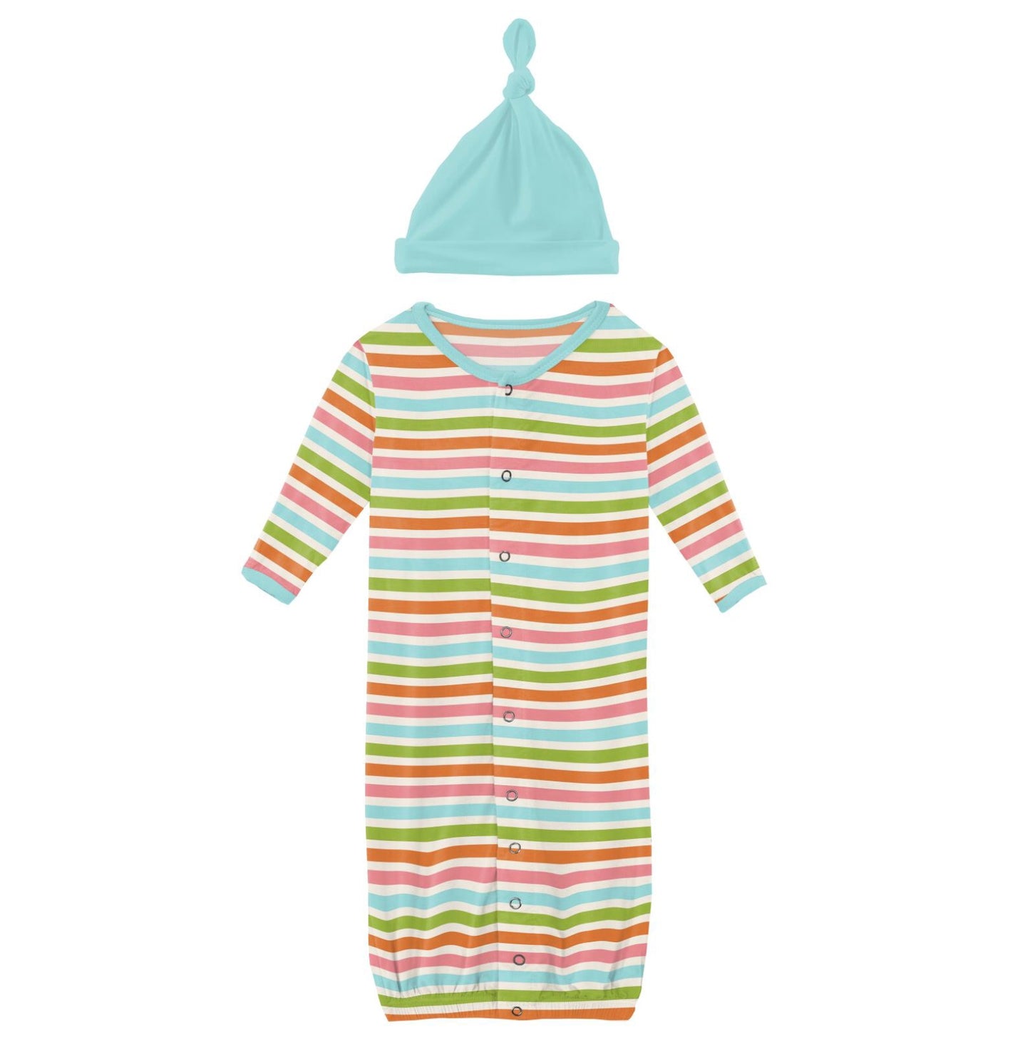 Kickee Pants Beach Day Stripe Layette Gown Converter & Single Knot Hat Set