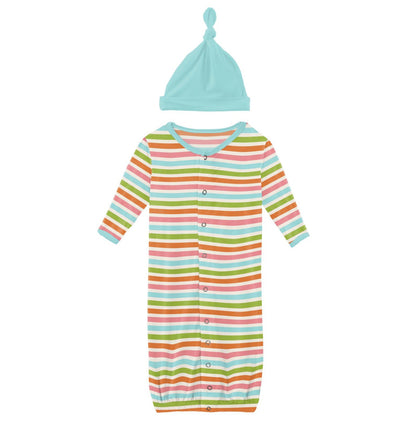 Kickee Pants Beach Day Stripe Layette Gown Converter & Single Knot Hat Set