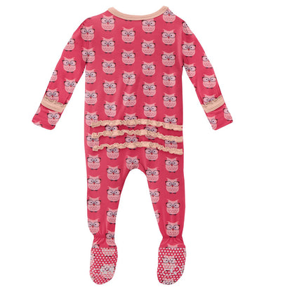 Kickee Pants Taffy Wise Owls Print Muffin Ruffle Footie with Zipper